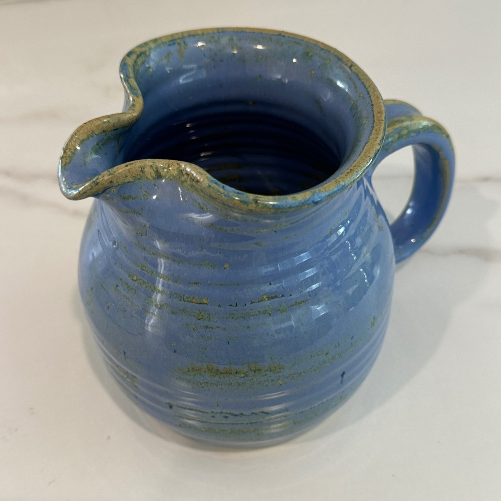 Blue Studio Pottery Pitcher Nancy Fairbanks Handmade Ceramic Blue Stoneware 6"